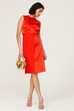 ATLIEN Red Satin Ruffle Sleeveless Crewneck Waist Tie Shift Dress Size Large